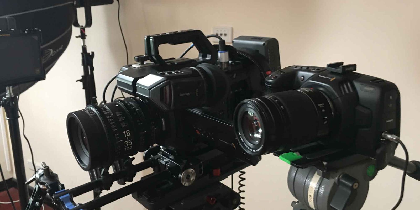 Twin cinema cameras on a 3D rig